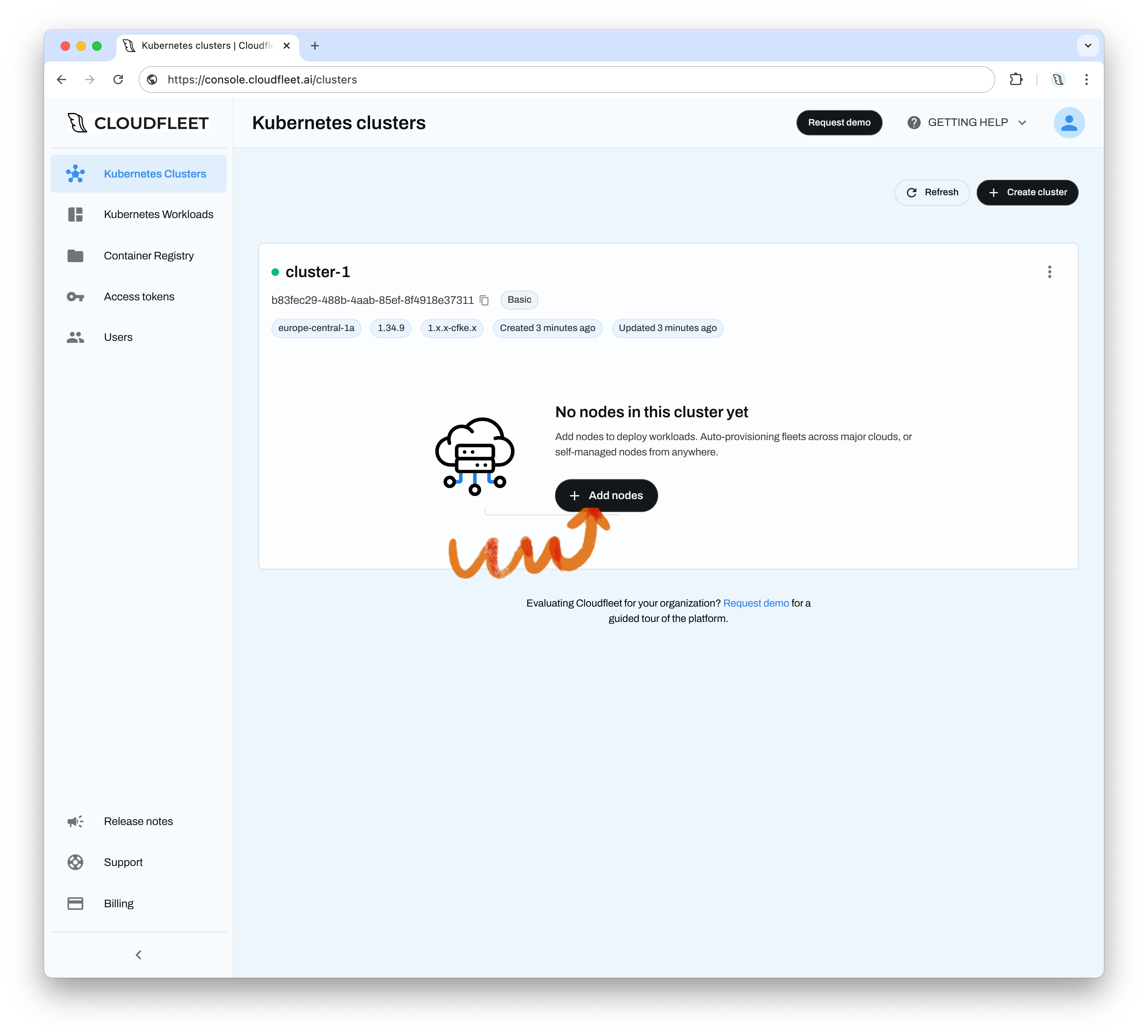 Cluster card in the Cloudfleet Console with the Add nodes button