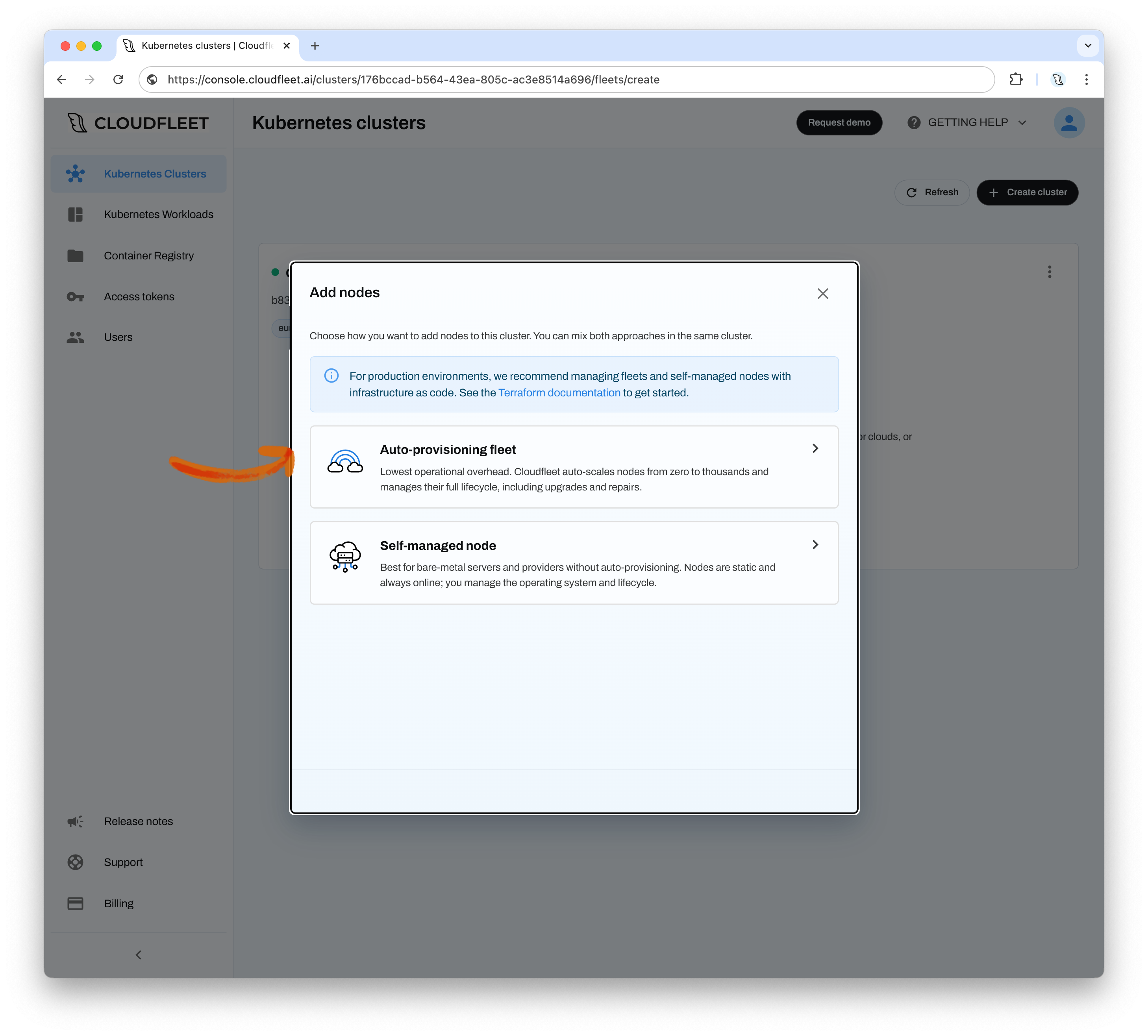 Add nodes dialog showing the auto-provisioning fleet and self-managed node options