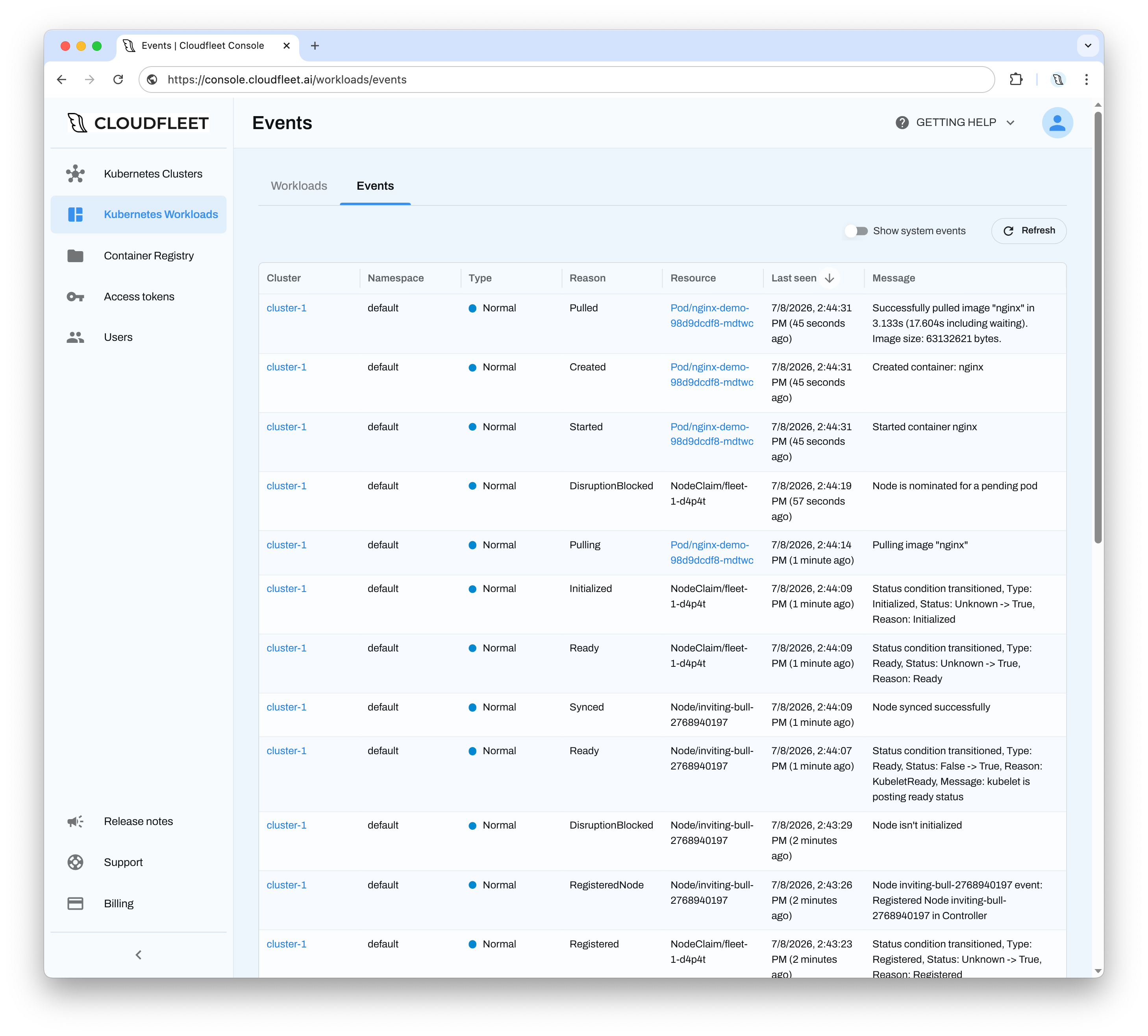 Events tab in the Cloudfleet Console showing cluster events
