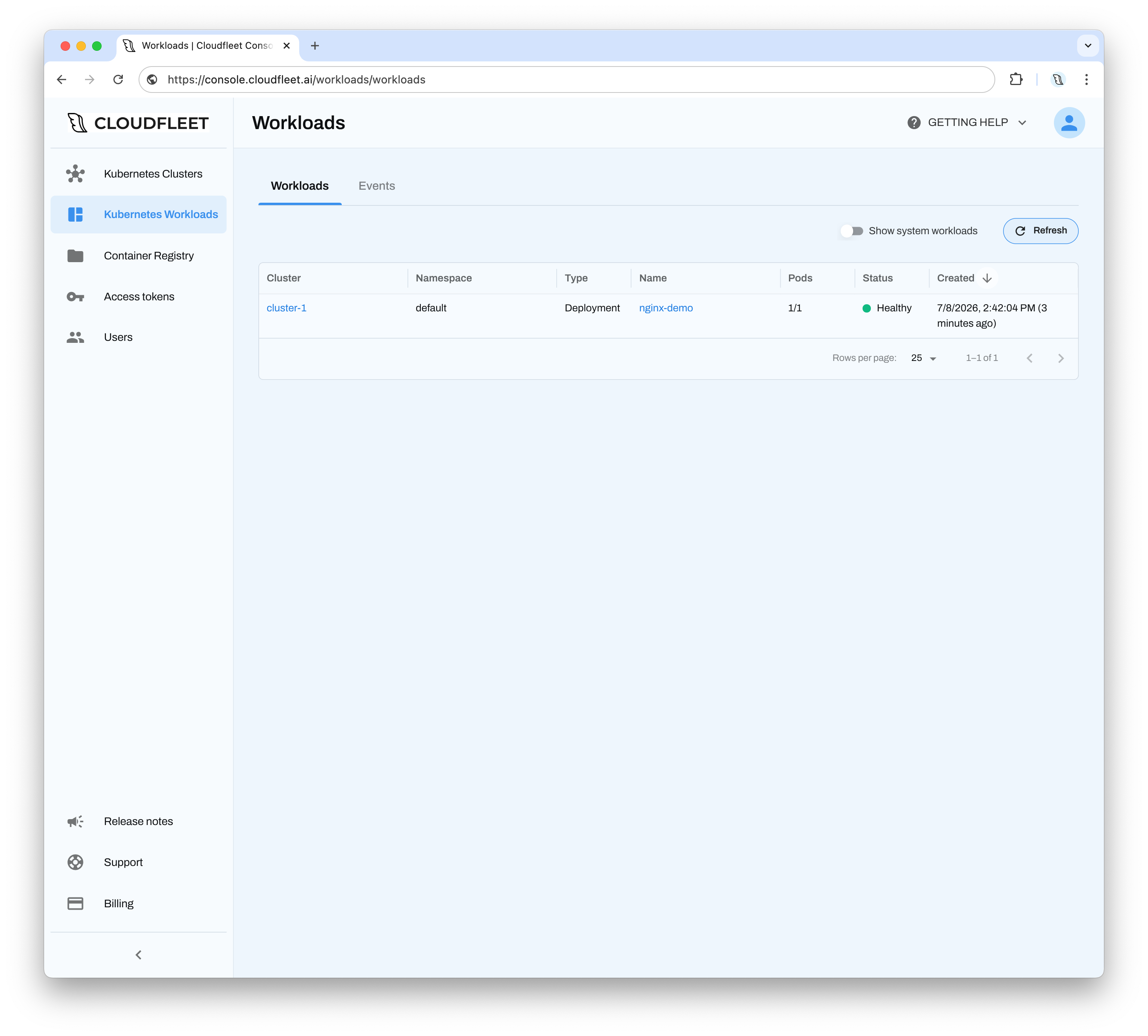 Workloads tab in the Cloudfleet Console showing running pods