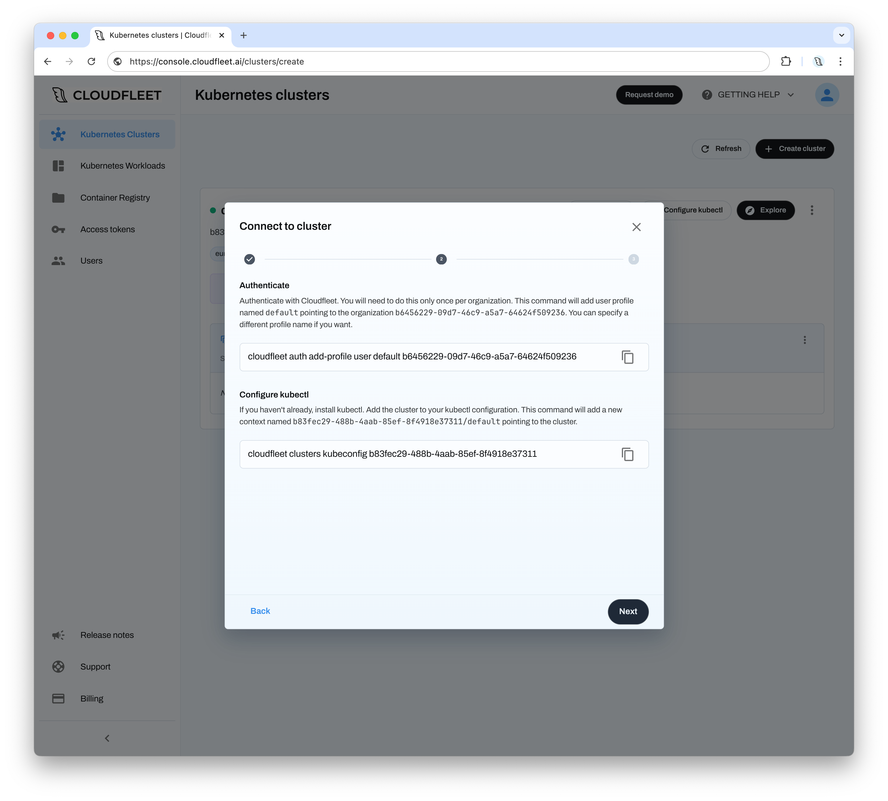 Connect to cluster wizard showing the authentication commands
