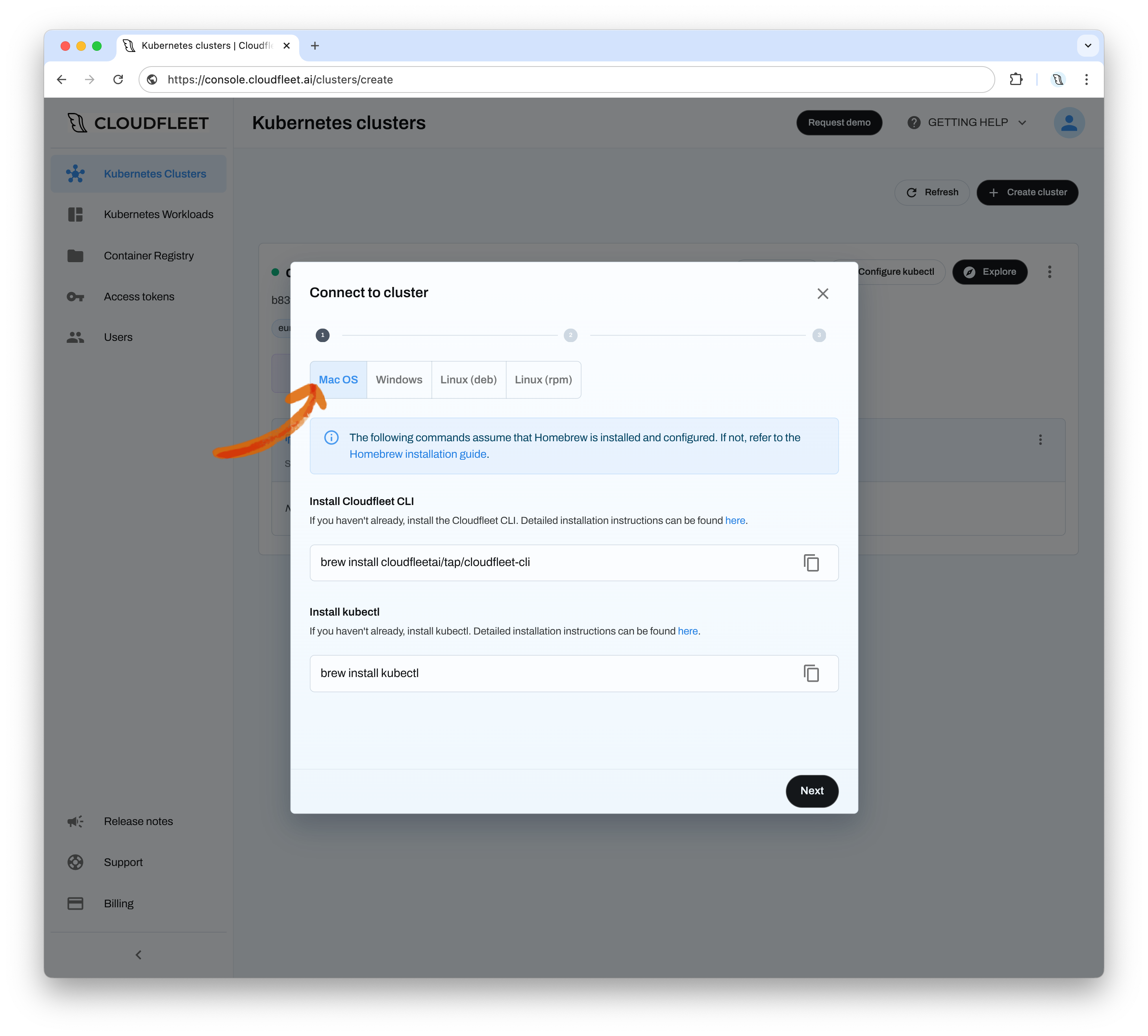 Connect to cluster wizard showing Cloudfleet CLI and kubectl installation commands