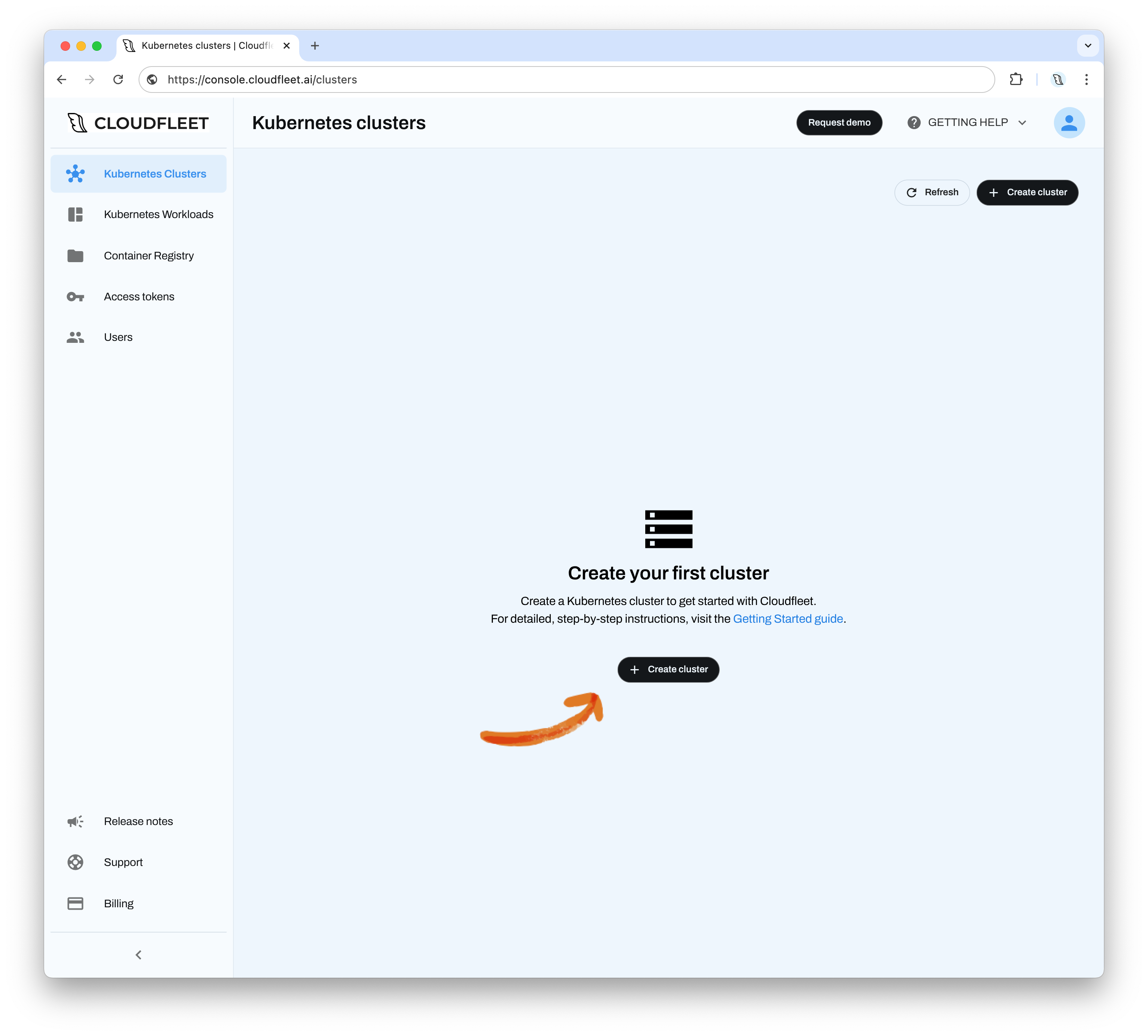 Cloudfleet Console cluster list with the Create cluster button
