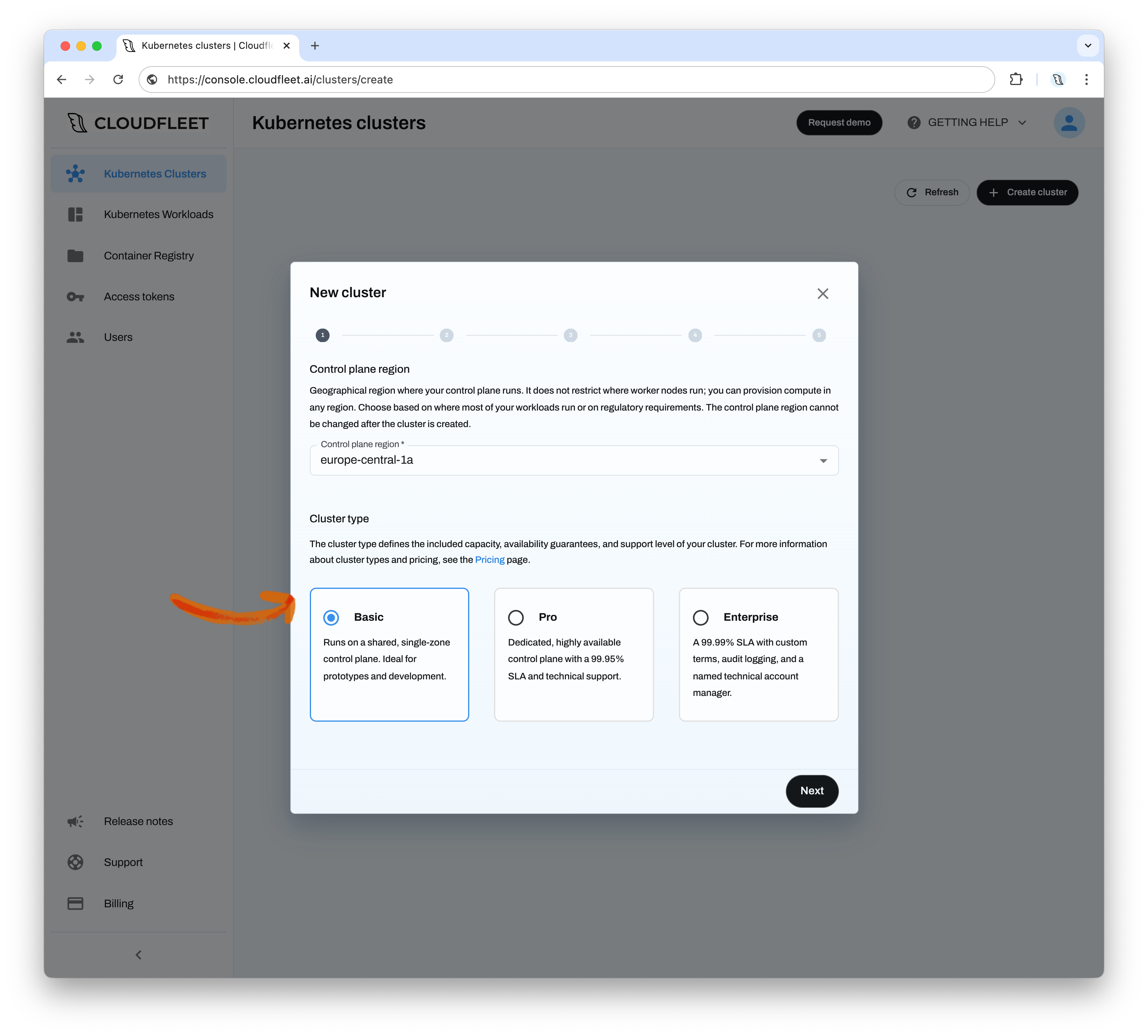 Cluster creation wizard showing control plane region and cluster type selection