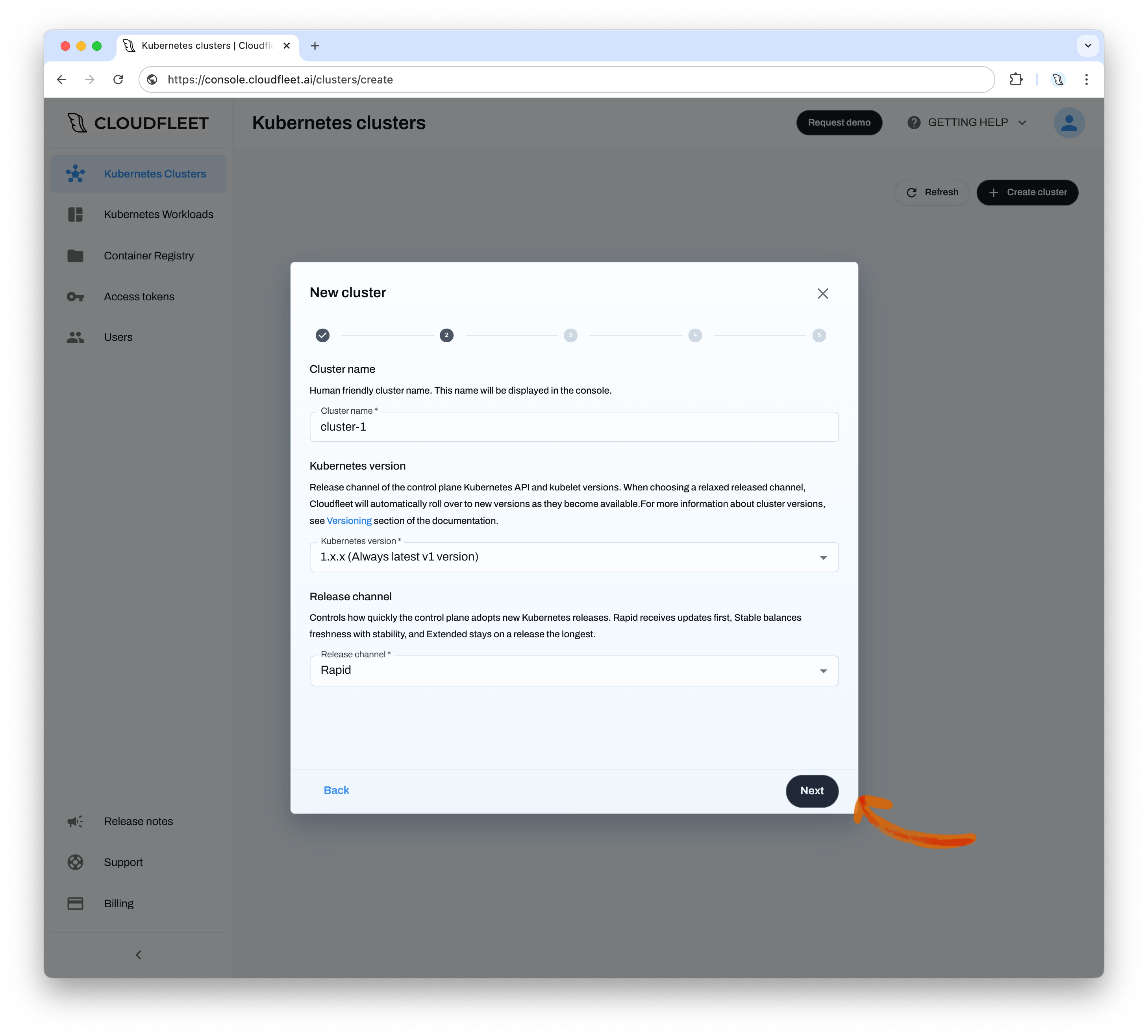 Cluster creation wizard showing cluster name, Kubernetes version, and release channel