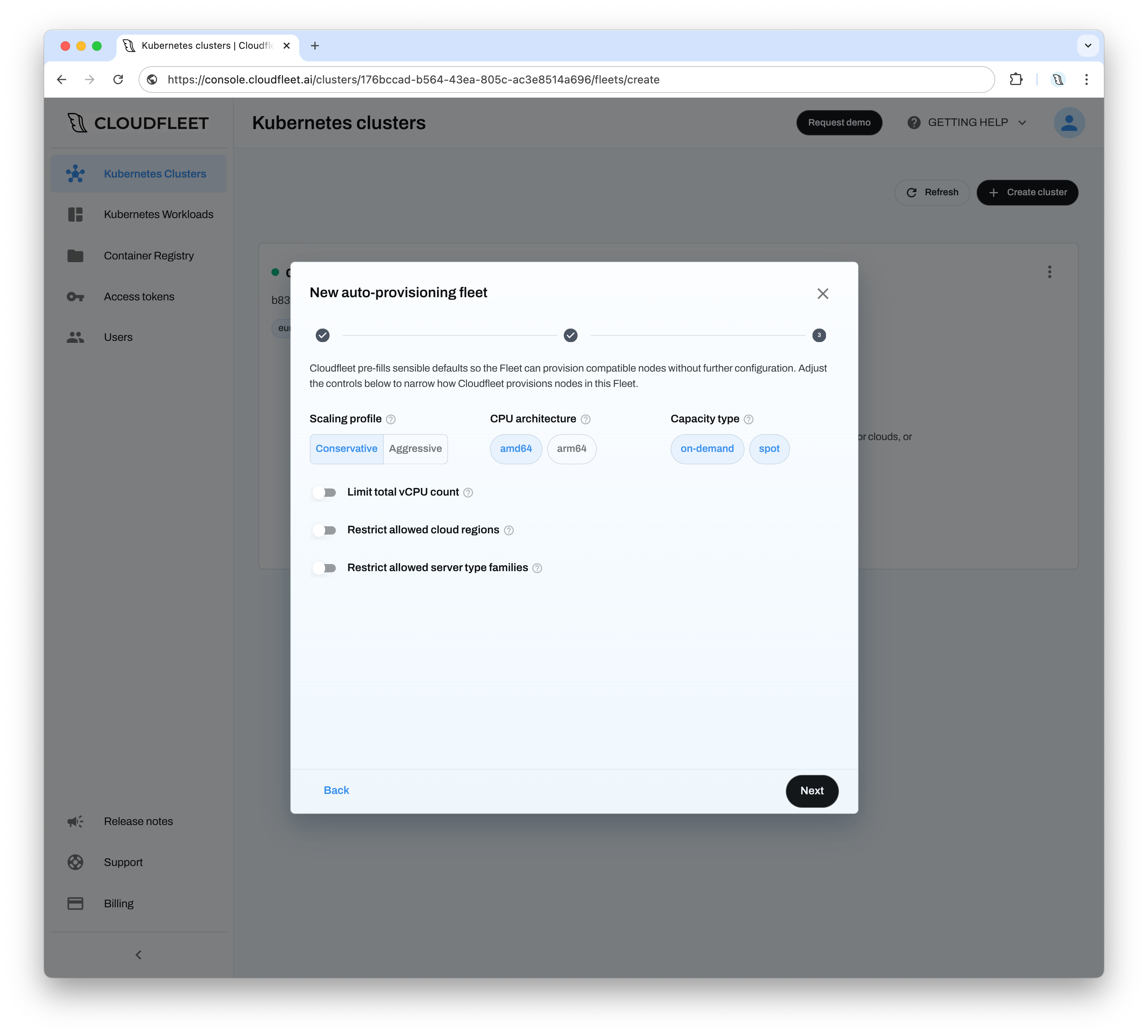 Fleet creation wizard showing the fleet configuration options