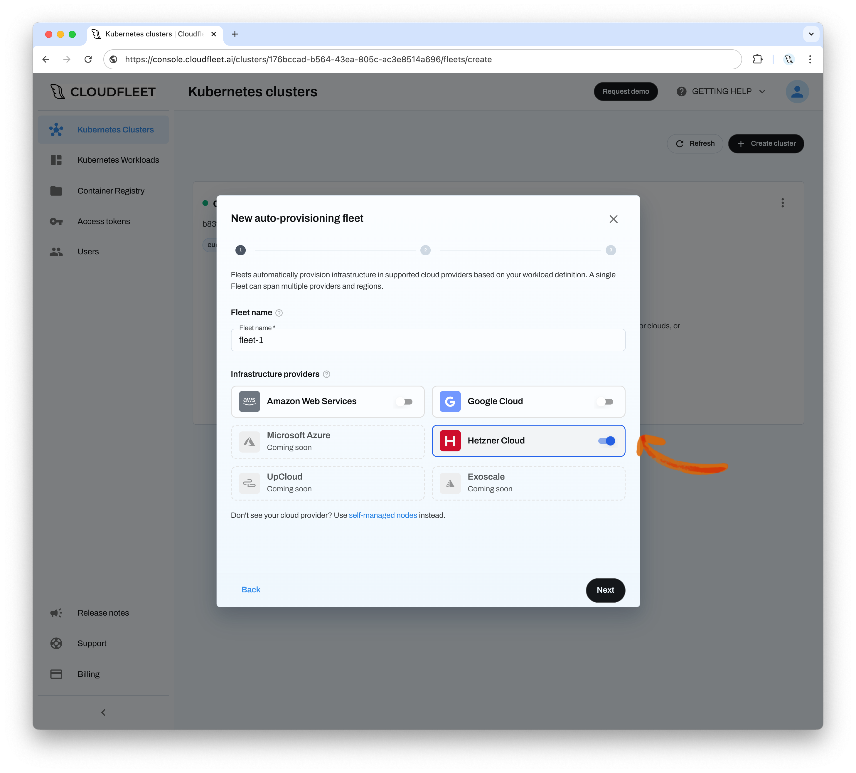 Fleet creation wizard showing the infrastructure provider selection