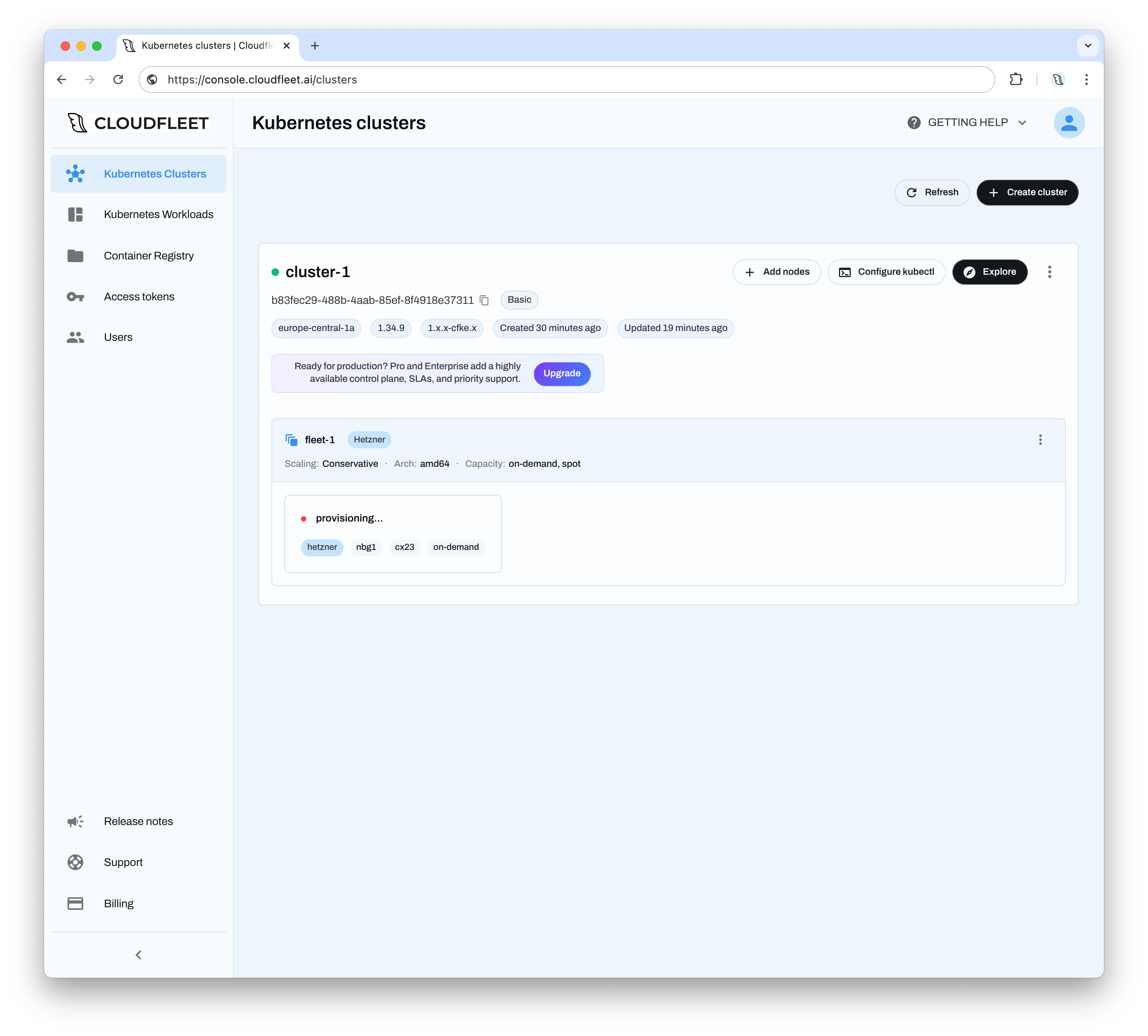 Node provisioning progress on the cluster card in the Cloudfleet Console