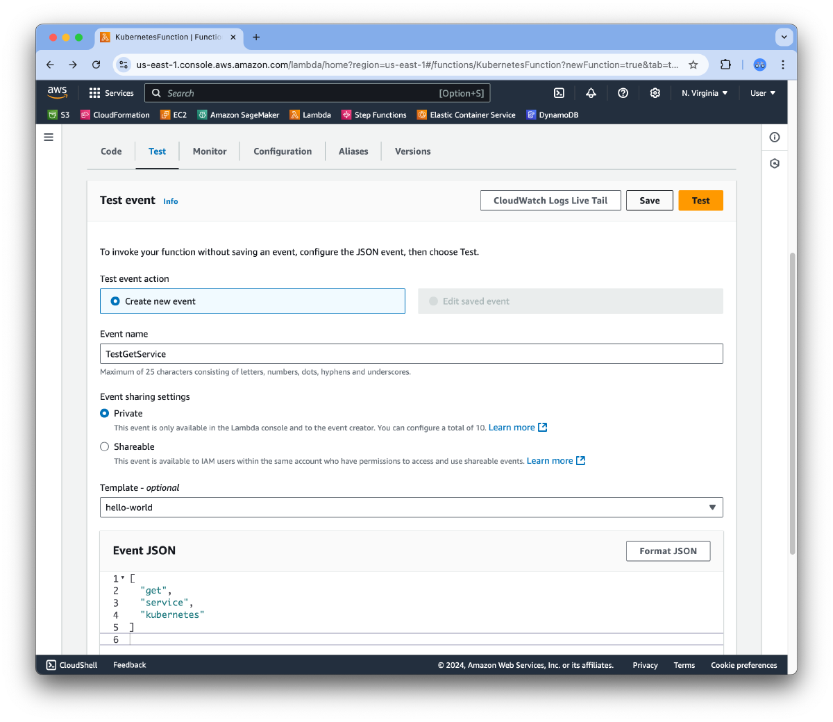 AWS Lambda test event