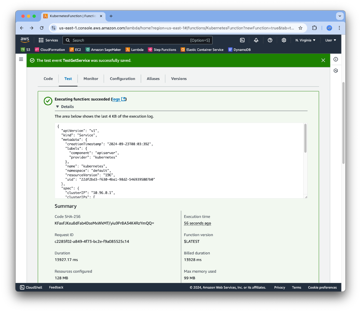 AWS Lambda result - kubernetes service